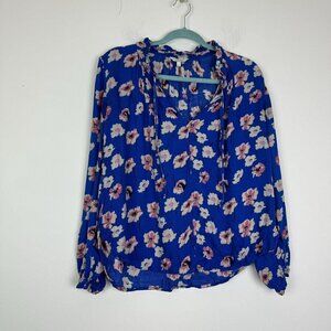 Lucky Brand Floral Peasant Top Blue Boho Long Sleeve Cold Shoulder Size Small